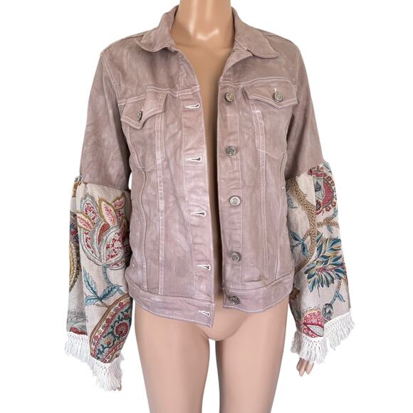 Upcycled Dyed Denim Jacket Tapestry Sleeves Crochet Fringes Doily Boho Western - Picture 2 of 14